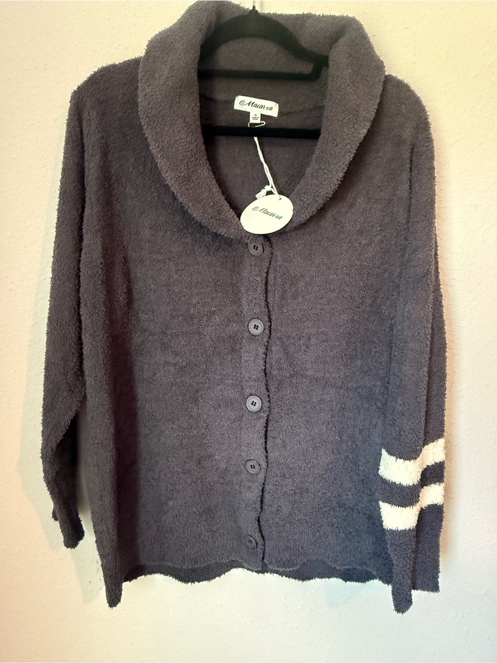 MACARON Charcoal Gray Plush Button-Front Cardigan with White Sleeve Stripes